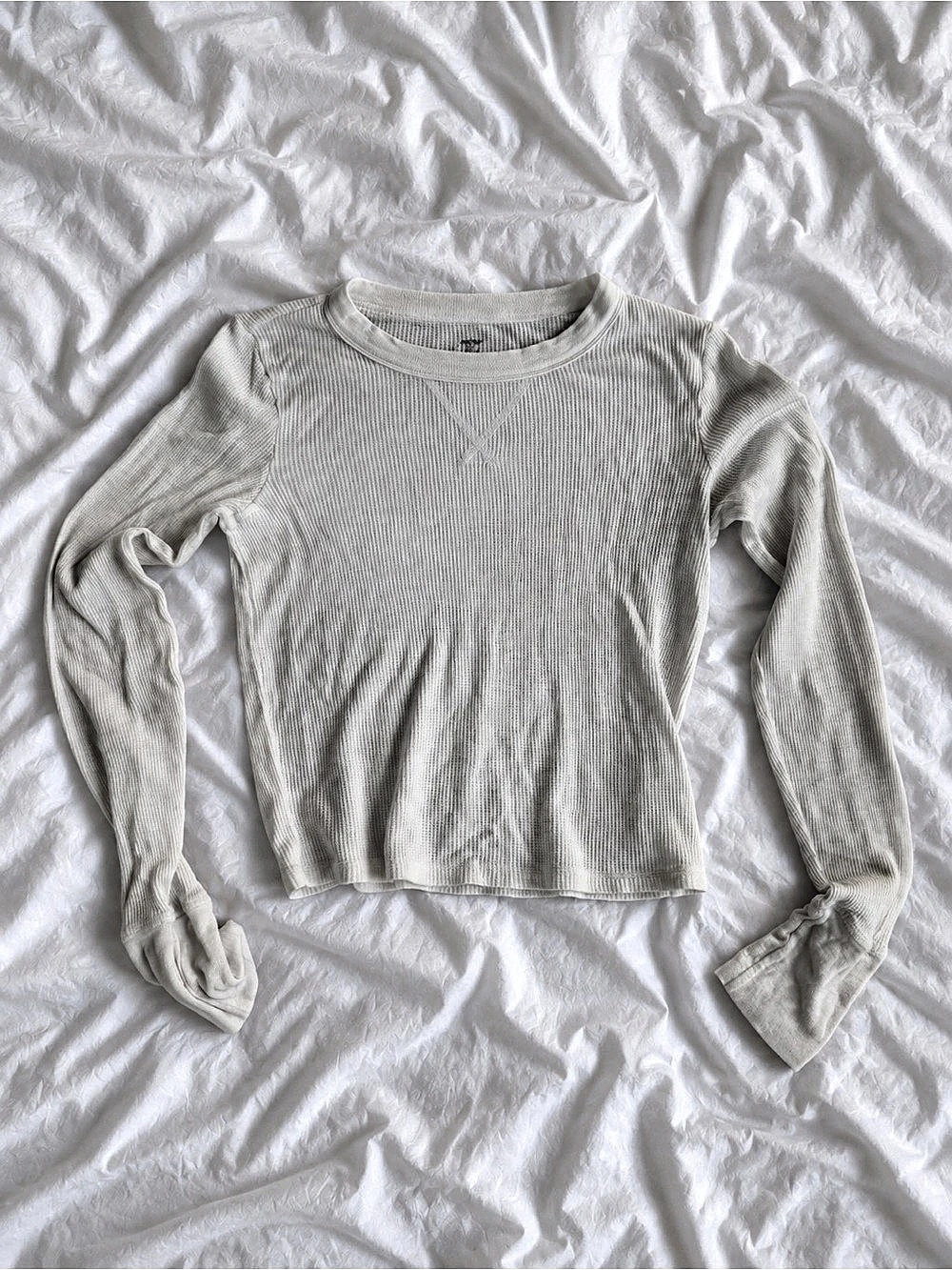 Aerie Unwind Waffle Long Sleeve T-Shirt Ribbed Cropped Crewneck Sweater in White